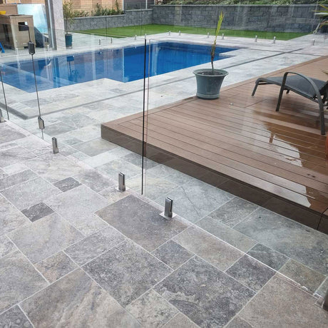 Silver Travertine French Pattern Tiles Pool Coping